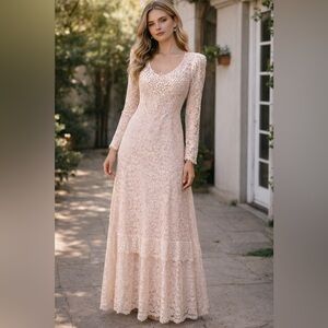 Vintage Samuel Scott Champagne Lace Beaded Dress 2 Piece Set Prairie Cottagecore